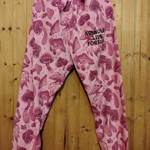 Men's Pink XL Psychedelic Camo Assholes Live Forever Joggers Track Pants READ! - Picture 1 of 4